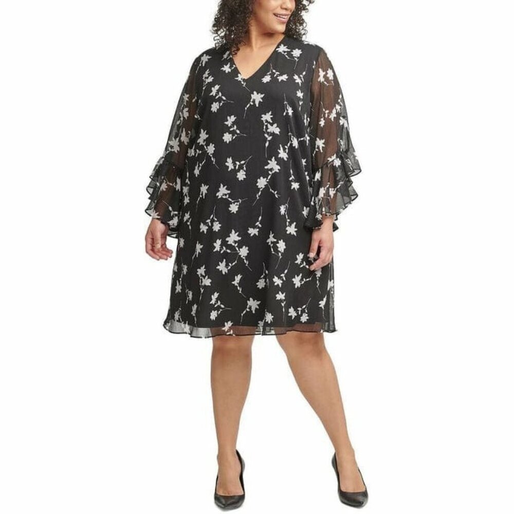 Calvin Klein Women Black & White Flower Chiffon Knee Length Shift Dress Size 16W